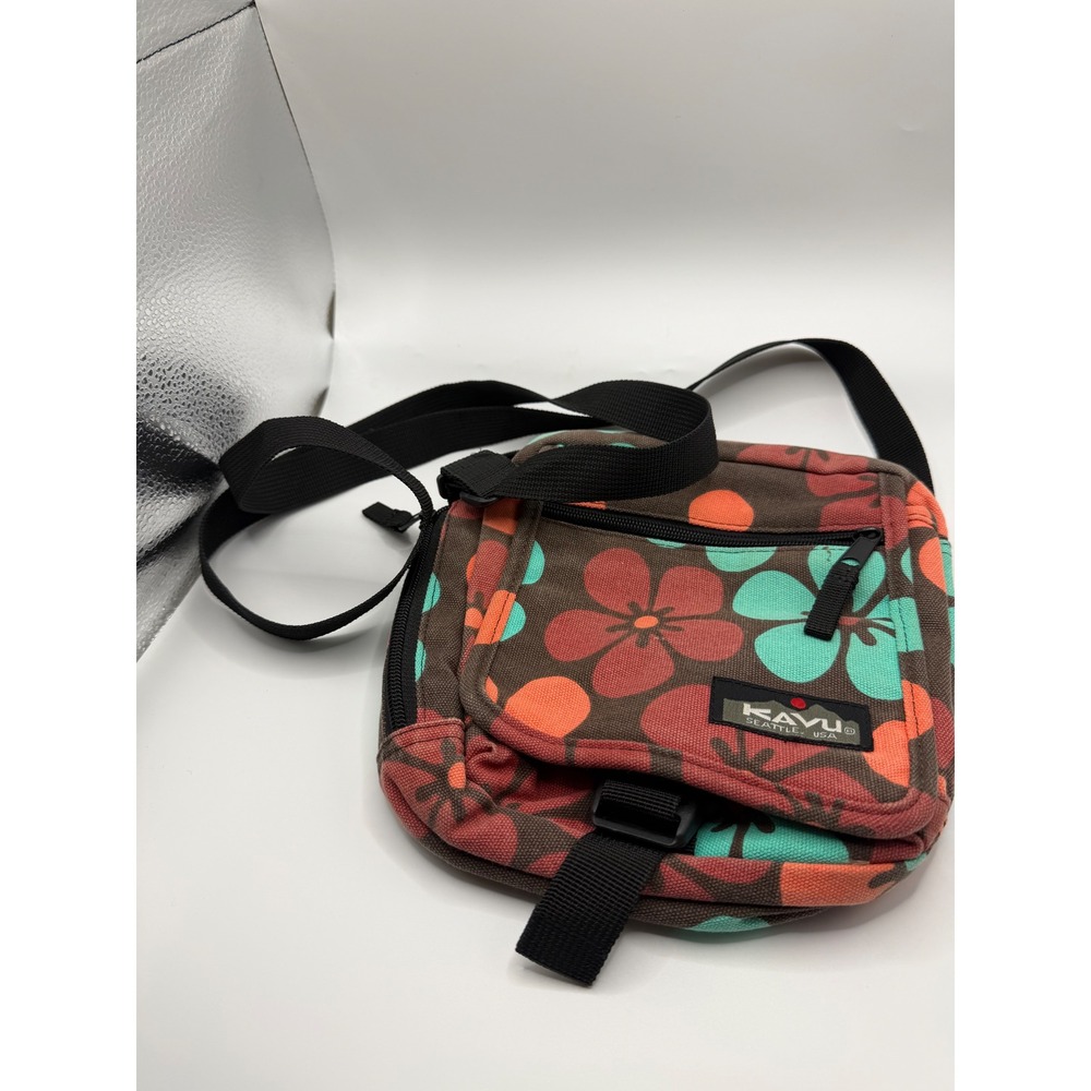 Kavu Keepalong Crossbody Bag Floral Canvas Brown Teal Orange Travel Purse